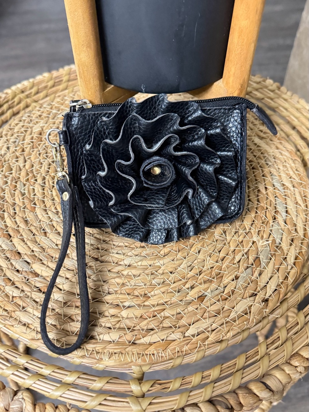 Black Leather Floral Accent Wristlet Clutch